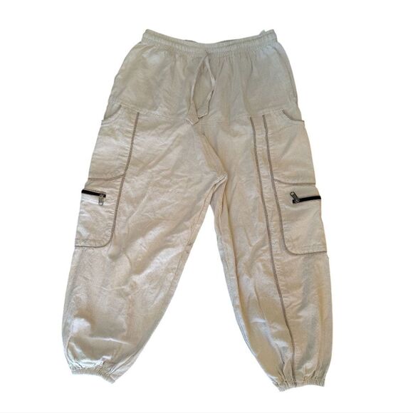 Khaki Cotton Cargo Drop Crotch Harem Unisex Capri Pants *Fits like Med- Large - Picture 1 of 12